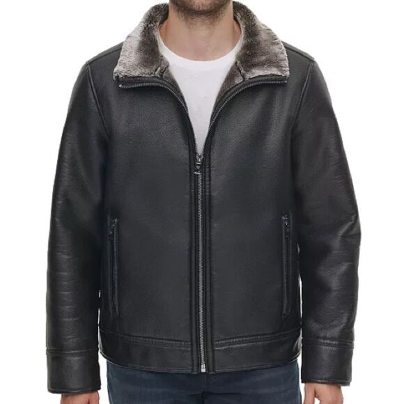 Calvin Klein Men's B6 Bomber Leather Jacket With Faux Fur Lining